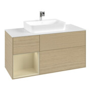 V&B Meuble sous lavabo Finion 120 cm, blanc mat, porte gauche, gris mat laqué, ouverture assistée