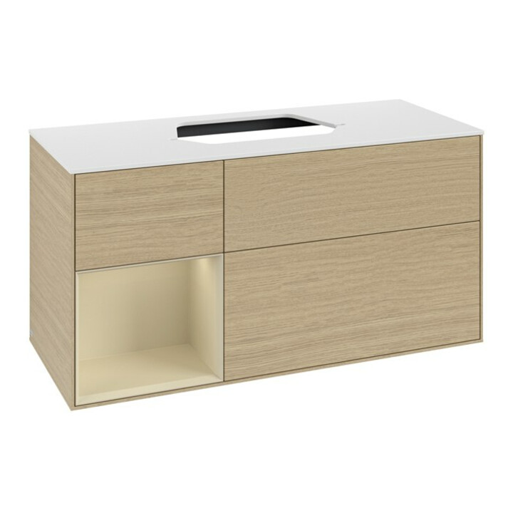 V&B Meuble sous lavabo Finion 120 cm, blanc mat, porte gauche, gris mat laqué, ouverture assistée