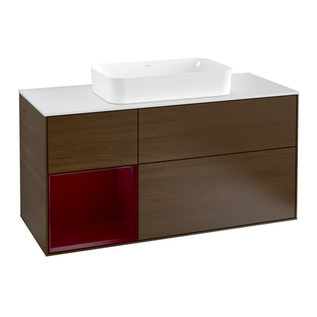 V&B Meuble sous lavabo Finion 120 cm, blanc mat, porte gauche, noyer veinée