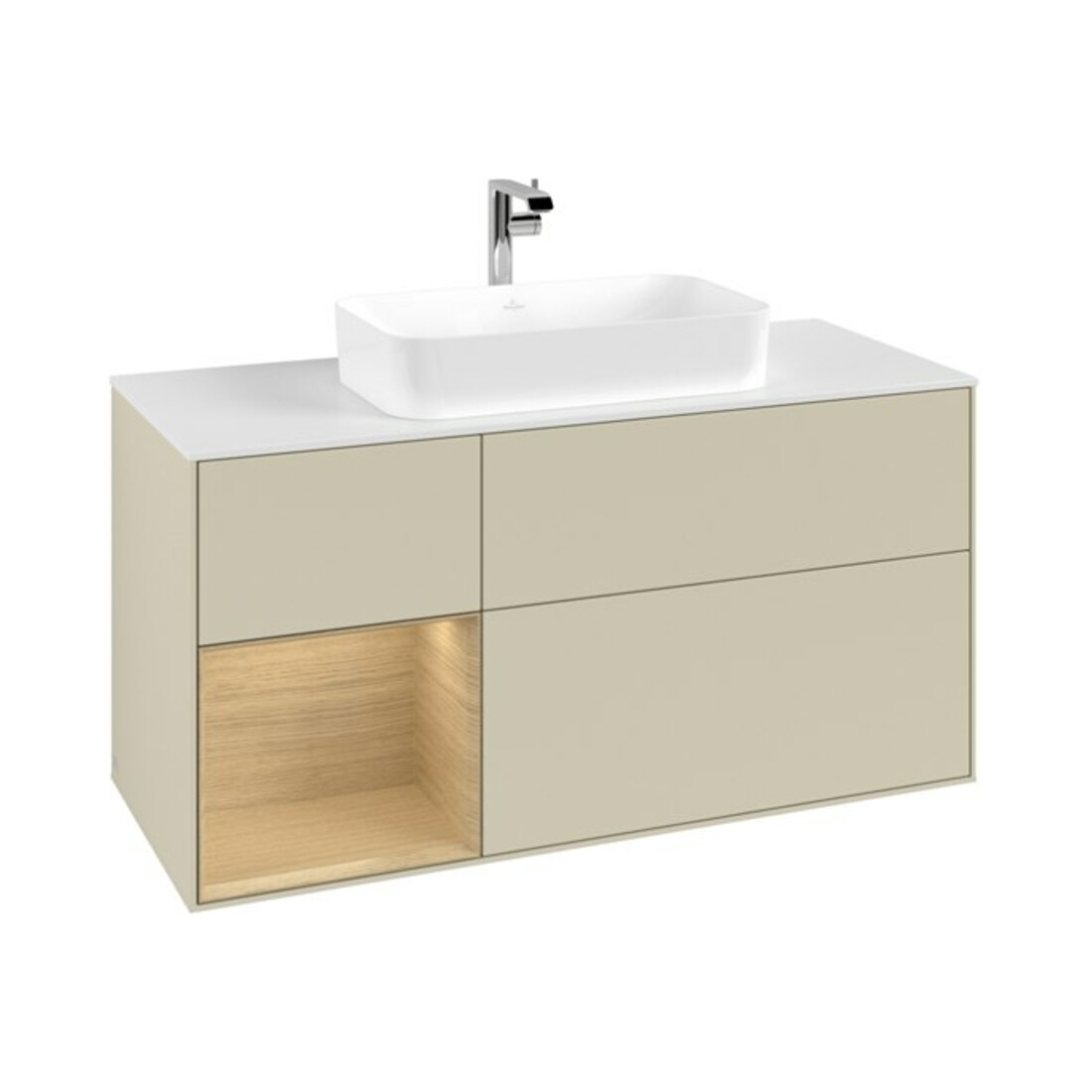 V&B Meuble sous lavabo Finion 120 cm, blanc mat, porte gauche, poignée argent mat laqué