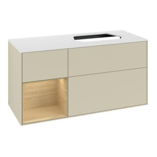 V&B Meuble sous lavabo Finion 120 cm, blanc mat, porte gauche, poignée ven, gris moyen laqué