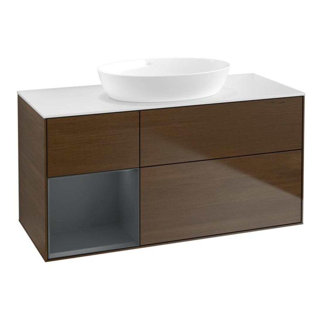 V&B Meuble sous lavabo Finion 120 cm, blanc mat, porte médiane laquée, noyer veiné