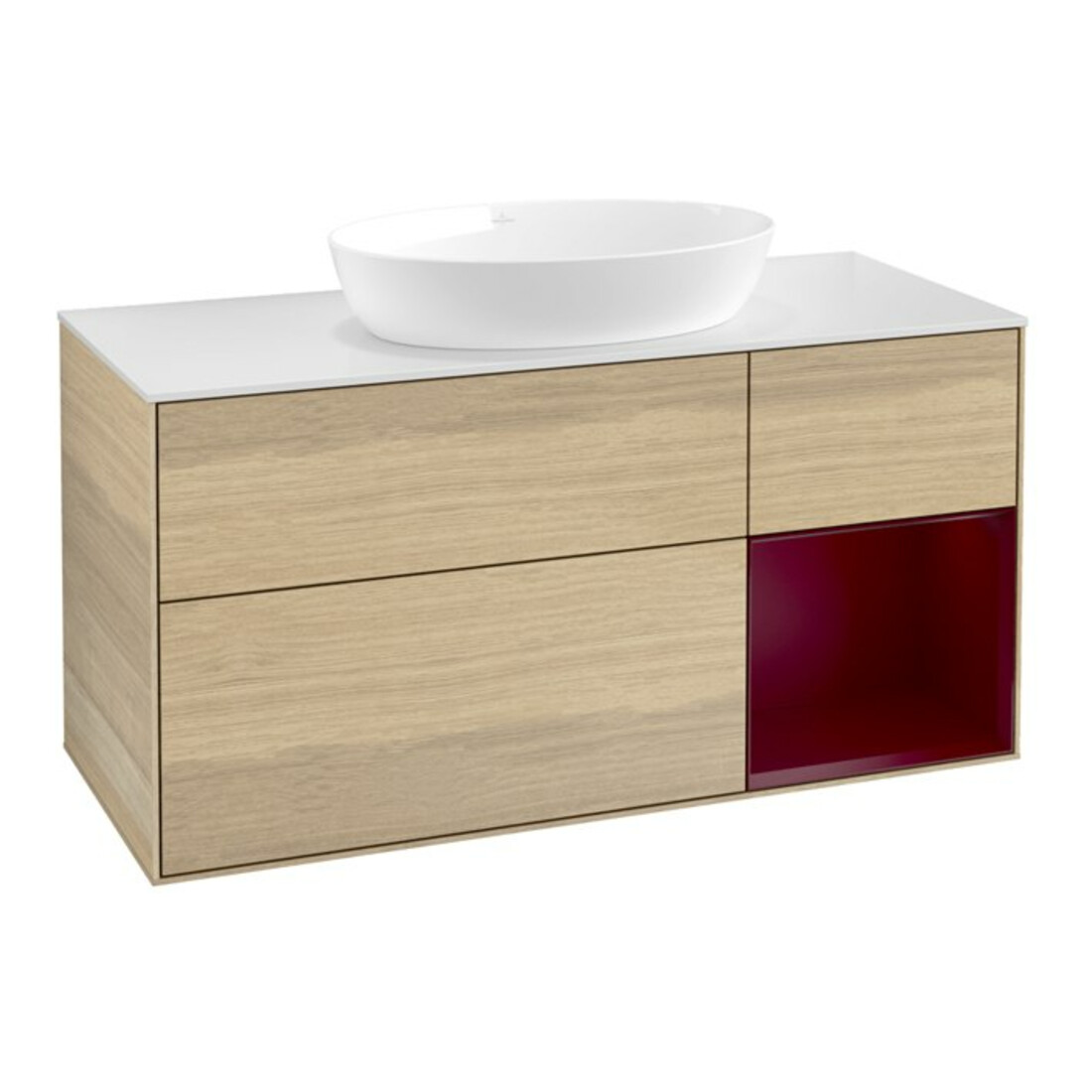 V&B Meuble sous lavabo Finion 120 cm, blanc mat, porte Peo avec laque, ven Oa