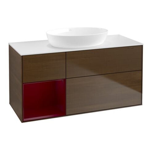 V&B Meuble sous lavabo Finion 120 cm, blanc mat, porte Peo mat laqué, noyer veinée