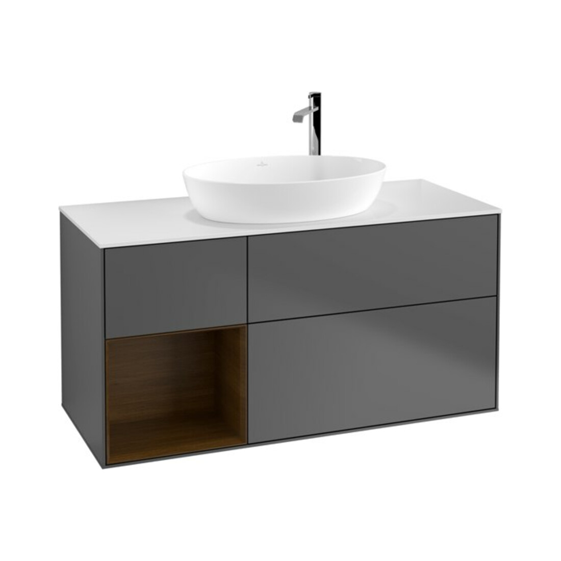 V&B Meuble sous lavabo Finion 120 cm, blanc mat, portes noyer veiné, anthracite mat