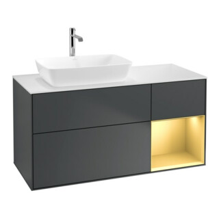 V&B Meuble sous lavabo Finion 120 cm, blanc mat, rainuré gris mat laqué, avec plan de toilette laqué