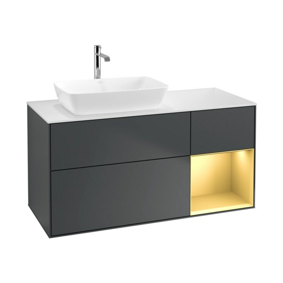 V&B Meuble sous lavabo Finion 120 cm, blanc mat, rainuré gris mat laqué, avec plan de toilette laqué