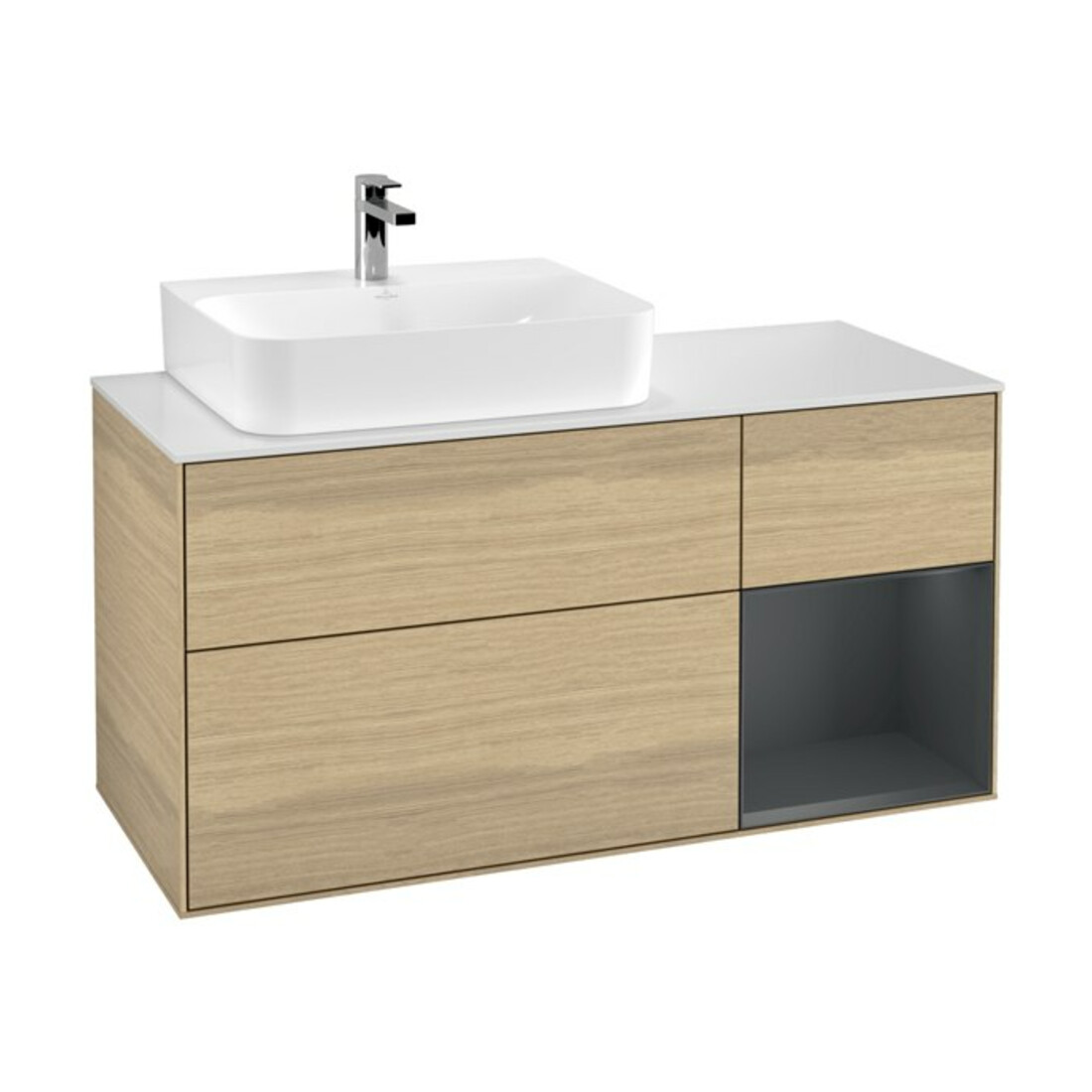 V&B Meuble sous lavabo Finion 120 cm, blanc mat, rainuré rouge moyen avec laque, ouverture à ven