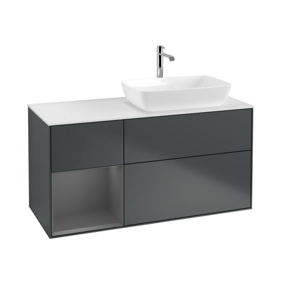 V&B Meuble sous lavabo Finion 120 cm, blanc mat, rangée A mat laqué, médium bleu mat laqué
