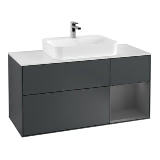 V&B Meuble sous lavabo Finion 120 cm, blanc mat, rangement à droite, miroir avec éclairage LED