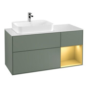 V&B Meuble sous lavabo Finion 120 cm, blanc mat, rangement à droite, olivier mat laqué