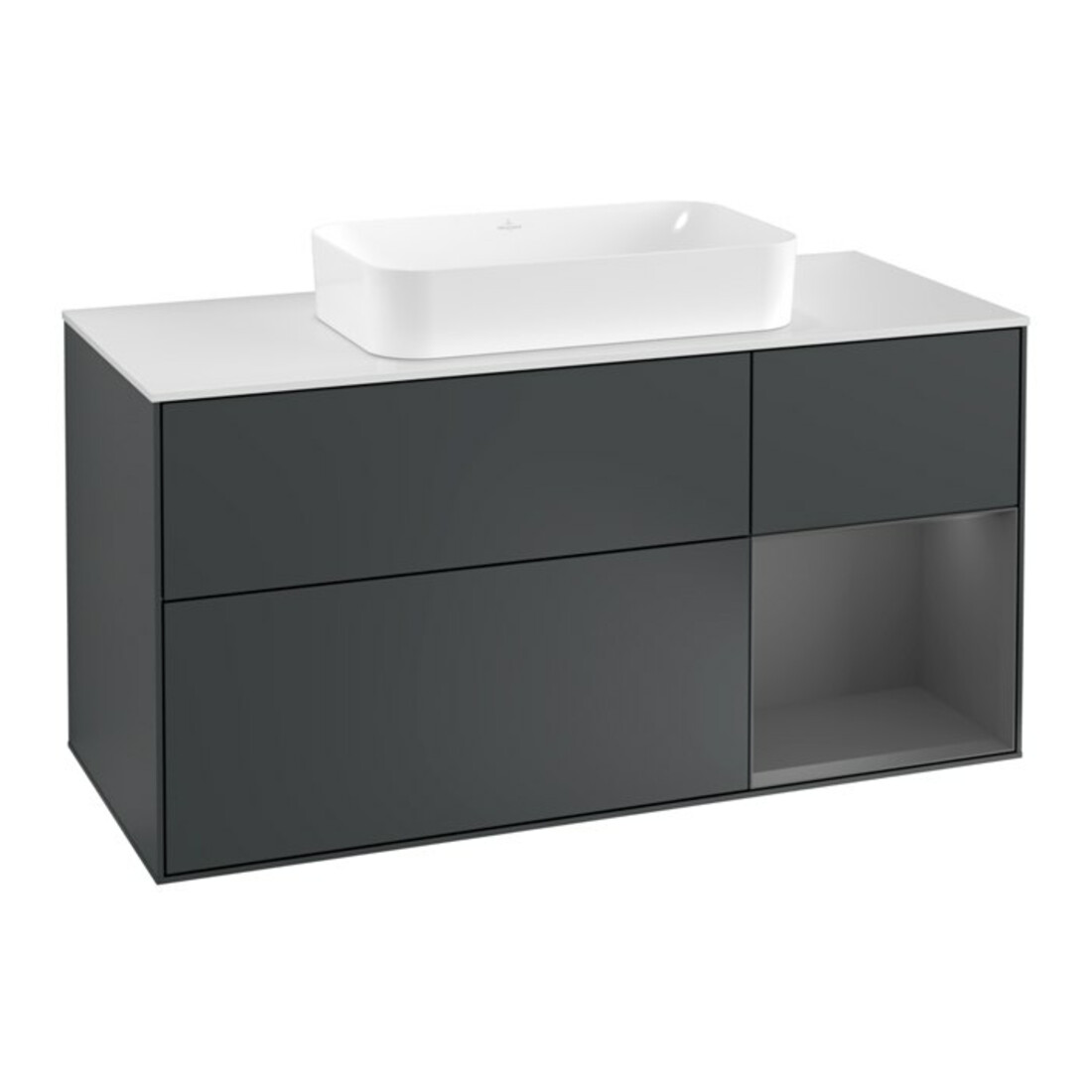 V&B Meuble sous lavabo Finion 120 cm, blanc mat, rangement arrière, miroir bleu mat, laqué