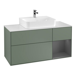 V&B Meuble sous lavabo Finion 120 cm, blanc mat, rangement arrière, olivier mat laqué