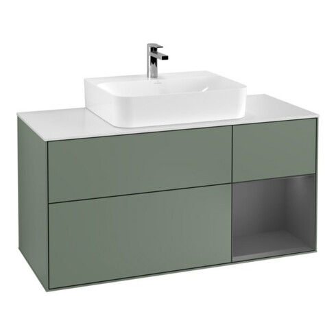 V&B Meuble sous lavabo Finion 120 cm, blanc mat, rangement arrière, olivier mat laqué