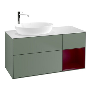 V&B Meuble sous lavabo Finion 120 cm, blanc mat, rangement avec laque, olivier avec laque