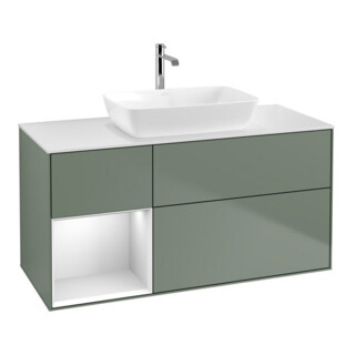 V&B Meuble sous lavabo Finion 120 cm, blanc mat, rangement blanc laqué, olivier laqué