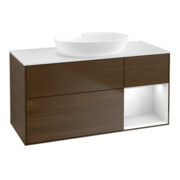 V&B Meuble sous lavabo Finion 120 cm, blanc mat, rangement blanc mat laqué, noyer veinée