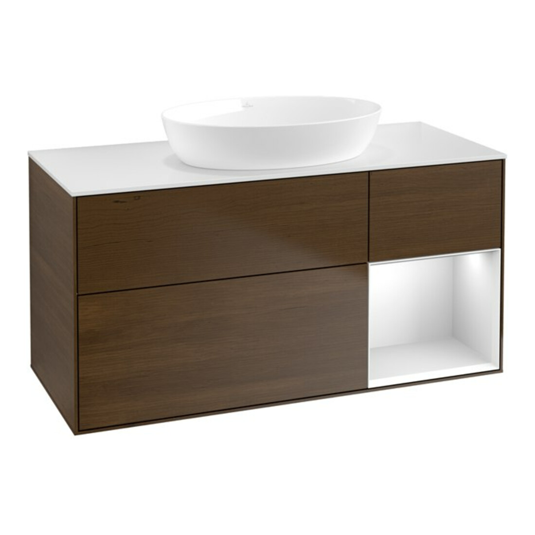 V&B Meuble sous lavabo Finion 120 cm, blanc mat, rangement blanc mat laqué, noyer veinée