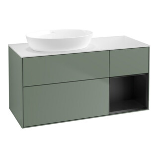 V&B Meuble sous lavabo Finion 120 cm, blanc mat, rangement bleu mat laqué, olivier mat laqué