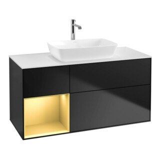 V&B Meuble sous lavabo Finion 120 cm, blanc mat, rangement doré mat, bleu mat