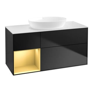 V&B Meuble sous lavabo Finion 120 cm, blanc mat, rangement doré mat, bleu mat