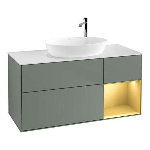 V&B Meuble sous lavabo Finion 120 cm, blanc mat, rangement doré mat laqué, olivier mat laqué