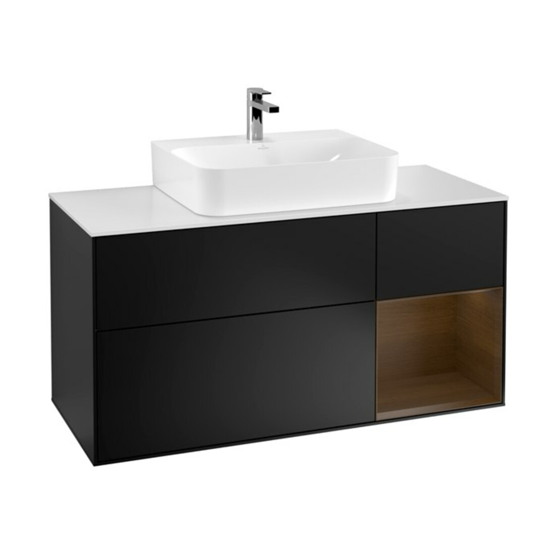 V&B Meuble sous lavabo Finion 120 cm, blanc mat, rangement droit, bois de noyer, bleu mat laqué