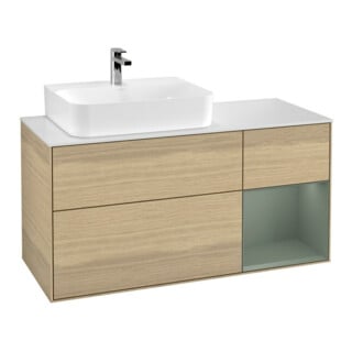 V&B Meuble sous lavabo Finion 120 cm, blanc mat, rangement droit, olivier mat, ouverture à ven