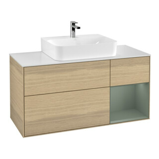V&B Meuble sous-lavabo Finion 120 cm, blanc mat, rangement droit, olivier mat, ouverture à ventouse