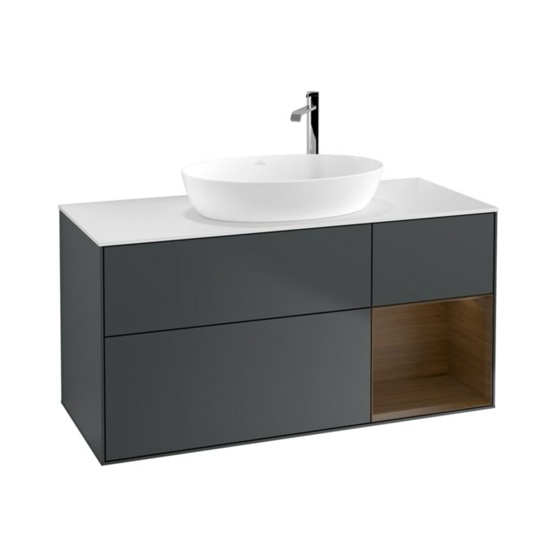V&B Meuble sous lavabo Finion 120 cm, blanc mat, rangement en noyer, façade bleu mat laqué