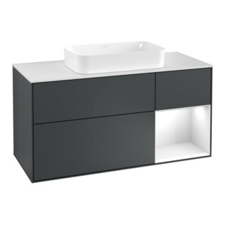 V&B Meuble sous lavabo Finion 120 cm, blanc mat, rangement gris et blanc, avec éclairage LED