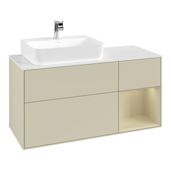 V&B Meuble sous lavabo Finion 120 cm, blanc mat, rangement gris mat Laque, gris mat Laque