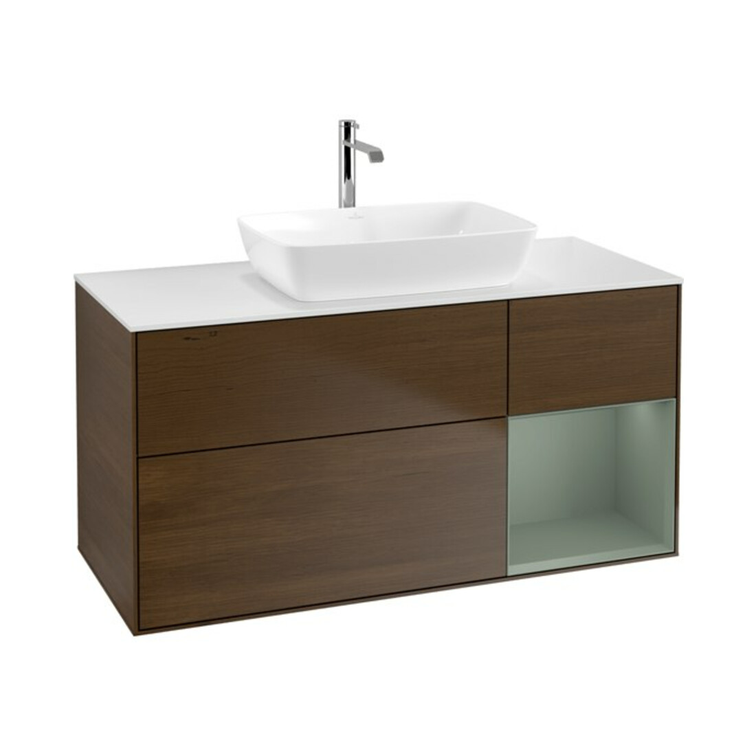 V&B Meuble sous lavabo Finion 120 cm, blanc mat, rangement huilé avec laque, noyer veinée