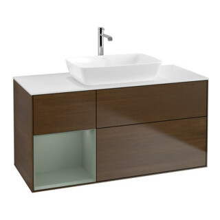 V&B Meuble sous lavabo Finion 120 cm, blanc mat, rangement huilé, placage noyer