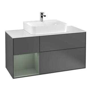 V&B Meuble sous lavabo Finion 120 cm, blanc mat, rangement latéral, olivier mat, anthracite m