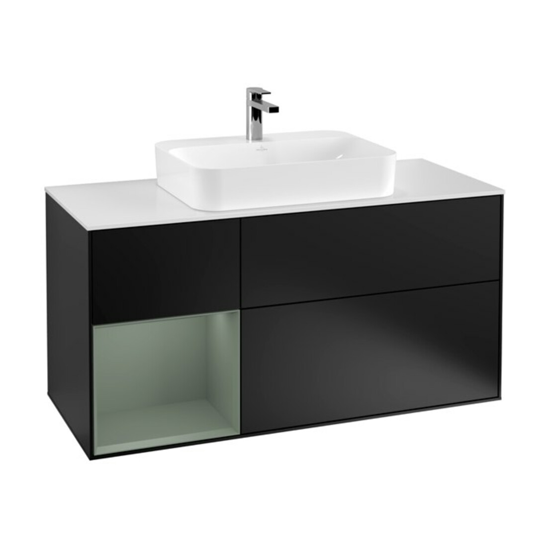 V&B Meuble sous lavabo Finion 120 cm, blanc mat, rangement latéral, olivier mat laqué, bleu mat laqué