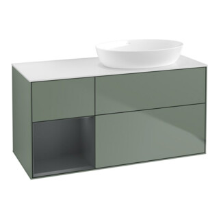 V&B Meuble sous lavabo Finion 120 cm, blanc mat, rangement médium laqué, olivier mat laqué