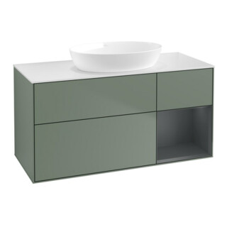 V&B Meuble sous lavabo Finion 120 cm, blanc mat, rangement médium mat laqué, olivier mat laqué