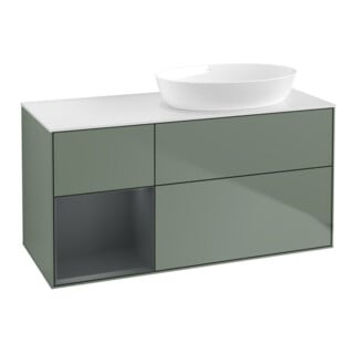 V&B Meuble sous-lavabo Finion 120 cm, blanc mat, rangement médium mat laqué, olivier mat laqué