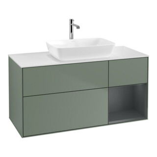 V&B Meuble sous lavabo Finion 120 cm, blanc mat, rangement médium mat laqué, olivier mat laqué