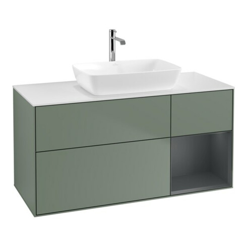 V&B Meuble sous lavabo Finion 120 cm, blanc mat, rangement médium mat laqué, olivier mat laqué