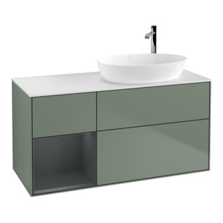 V&B Meuble sous lavabo Finion 120 cm, blanc mat, rangement médium mat laqué, olivier mat laqué