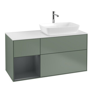 V&B Meuble sous lavabo Finion 120 cm, blanc mat, rangement médium mat laqué, olivier mat laqué