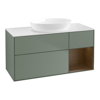 V&B Meuble sous lavabo Finion 120 cm, blanc mat, rangement noyer, huile et laque