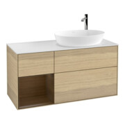 V&B Meuble sous lavabo Finion 120 cm, blanc mat, rangement noyer, poignée noyer-1