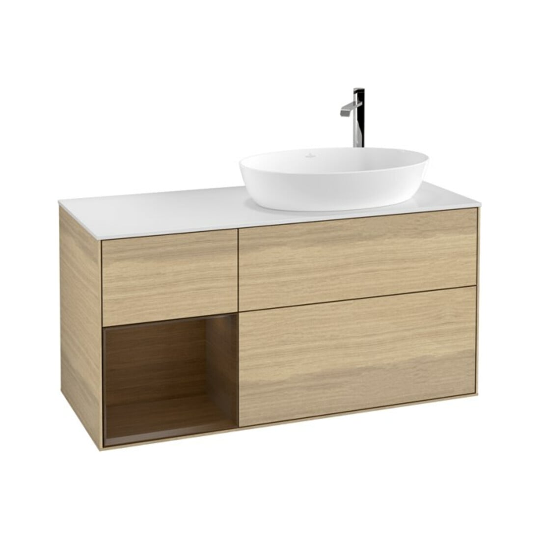 V&B Meuble sous lavabo Finion 120 cm, blanc mat, rangement noyer, poignée noyer