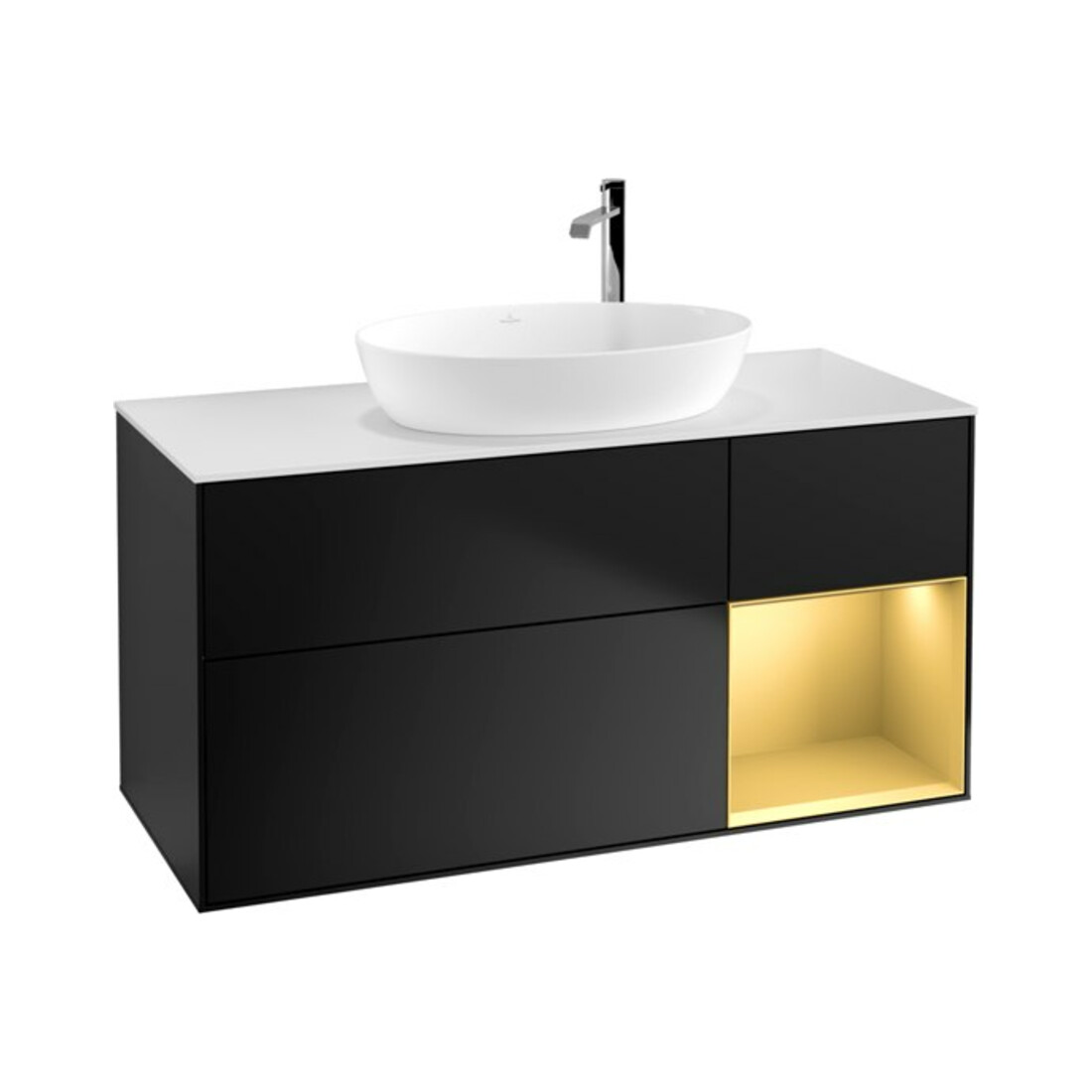 V&B Meuble sous lavabo Finion 120 cm, blanc mat, rangement or mat laqué, bleu mat laqué