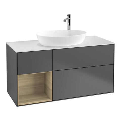V&B Meuble sous lavabo Finion 120 cm, blanc mat, rangement ouvert, anthracite mat