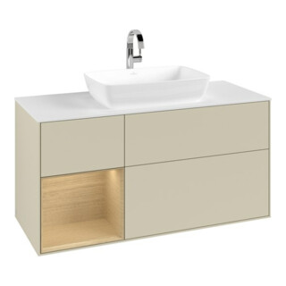 V&B Meuble sous-lavabo Finion 120 cm, blanc mat, rangement ouvert, gris mat laqué