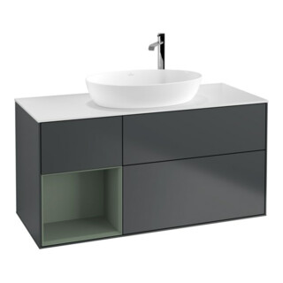 V&B Meuble sous lavabo Finion 120 cm, blanc mat, rangement ouvert mat laqué, médium bleu mat laqué